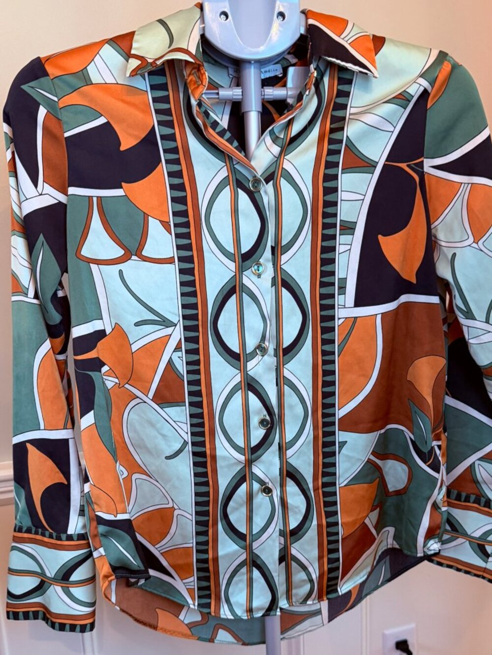 Maison d’Amelie XS 70s Mod Geometric Satin Blouse Retro Button Down